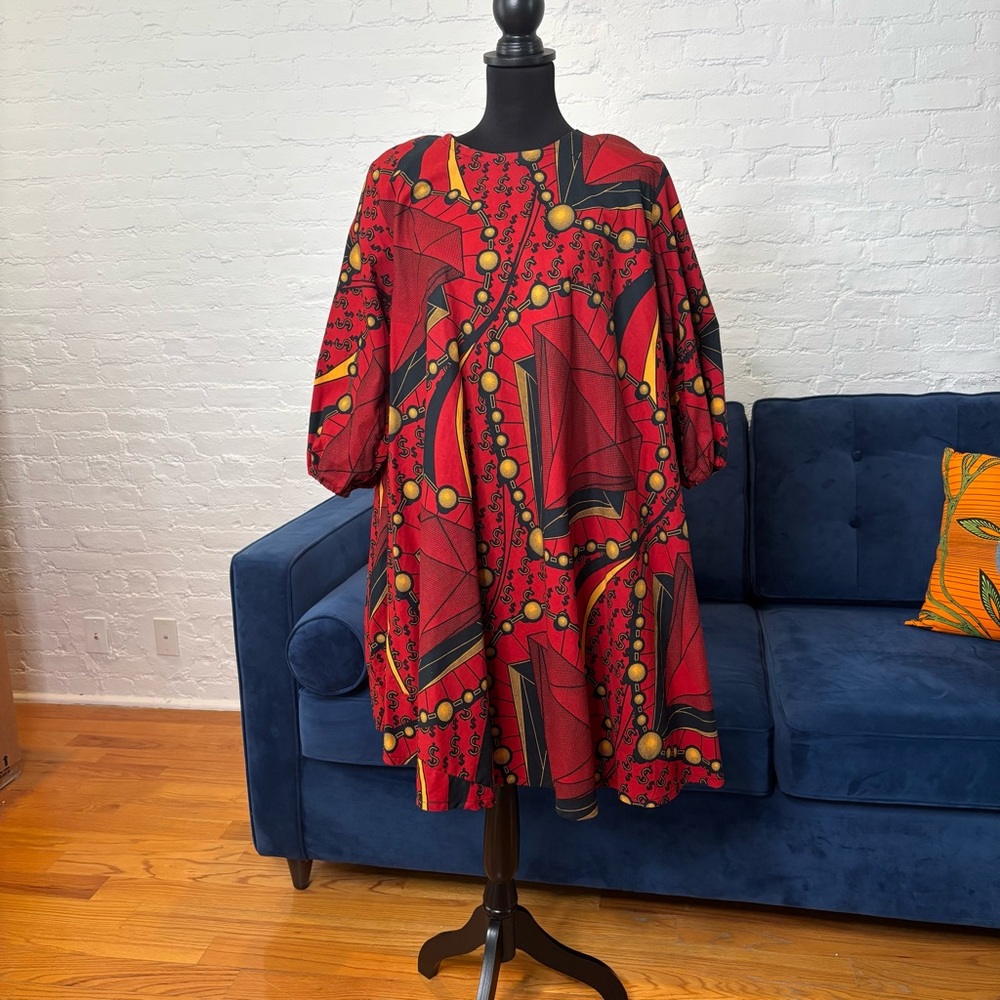 Red Printed Mini Dress - Bold Graphic Swing Dress - Picture 1 of 6